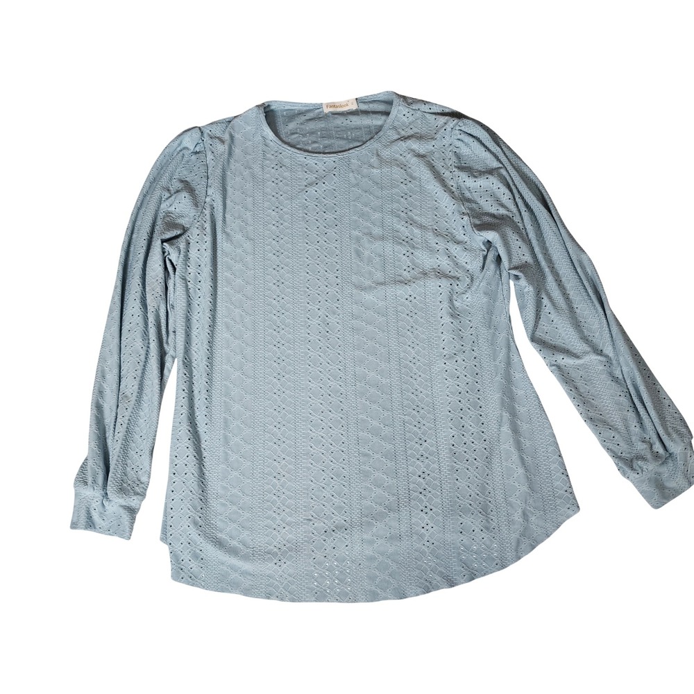 Fantaslook Light Blue Pointelle Eyelet Long Sleeve Top Crew Neck XL Shoulder